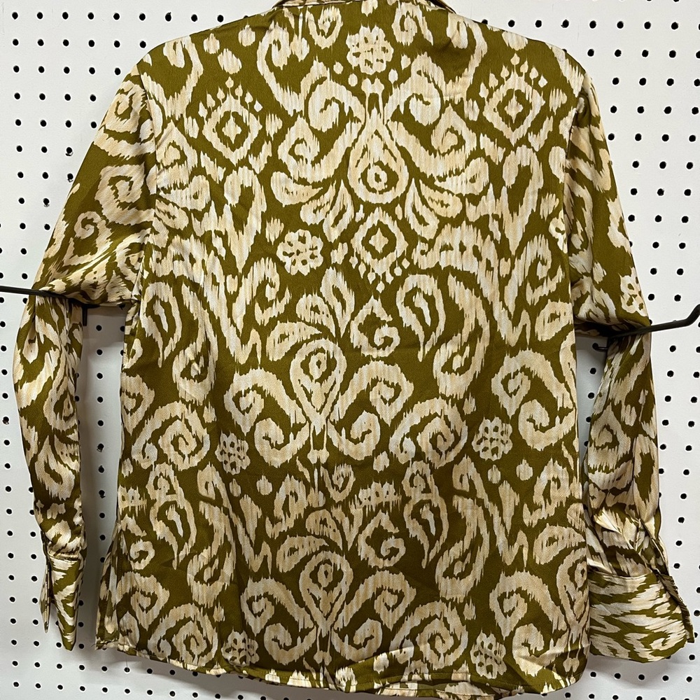 Olive green, gold scrolls waist tie. 100% polyester hand wash cold. Color bleeds